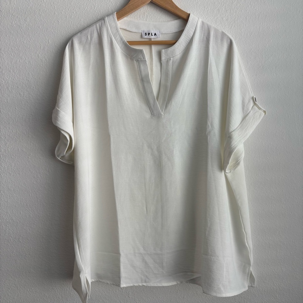 NWOT SPLA White Ivory Short Sleeve V-Neck Relaxed Fit Casual Versatile Blouse L - Picture 2 of 8